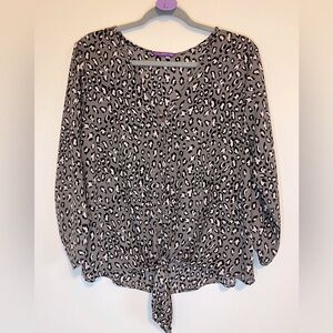 West Kei Greyish Brown with Pink Leopard Print Button Up Tie Front Shirt